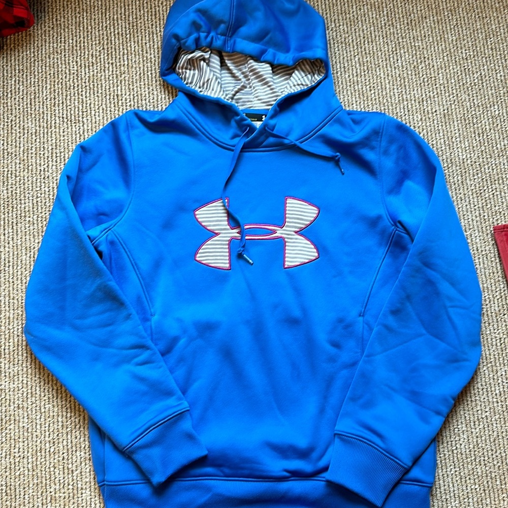 Under Armour women's large loose fit hooded sweatshirt blue with pink and gray